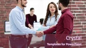  Presentation with shaking hands - Cool new theme with franchising business - smiling businessman shaking hands backdrop and a tawny brown colored foreground