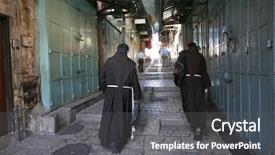 Presentation with jerusalem - PPT theme featuring franciscan - monks on the street background and a dark gray colored foreground