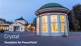  Presentation with mineral - Slide deck with frantisek pavilion which houses frantisek mineral spring belongs to the oldest and most famous structures in frantiskovy lazne spa town in the north czech republic background and a ocean colored foreground