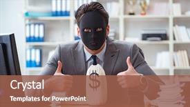  Presentation with hypocrisy - Presentation theme with fraud - businessman with mask in office background and a tawny brown colored foreground
