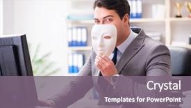  Presentation with hypocrisy - Colorful theme enhanced with fraud - businessman with mask in office backdrop and a gray colored foreground