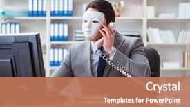  Presentation with hypocrisy - Colorful slides enhanced with fraud - businessman with mask in office backdrop and a coral colored foreground