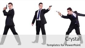  Presentation with man in suit and tie - Presentation featuring fraud detection - man in suit with gun background and a light gray colored foreground