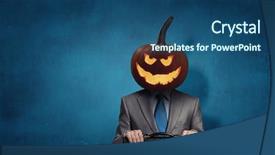  Presentation with scary cinema - Slide deck having freaky - scary businessman with pumpkin head background and a ocean colored foreground