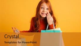  Presentation with happy young student girl holding - Slides featuring freckles standing isolated over yellow background and a gold colored foreground