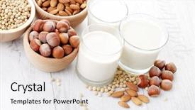 Presentation with free food - Presentation design consisting of free - different vegan milk - food background and a soft green colored foreground
