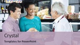  Presentation with customers - Theme featuring free - salesman offering cheese samples background and a light gray colored foreground