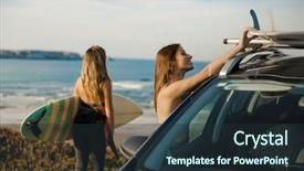  Presentation with surfing - Slide deck featuring free - two beautiful surfer girls near background and a tawny brown colored foreground
