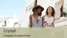  Presentation with friends - Beautiful presentation theme featuring free - two female friends on holiday backdrop and a mint green colored foreground