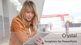  Presentation with electronic - Beautiful presentation featuring free airport - beautiful woman using electronic tablet backdrop and a coral colored foreground