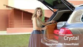  Presentation with loading - Audience pleasing slide set consisting of free automobile - young woman loading suitcase backdrop and a red colored foreground