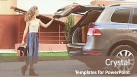  Presentation with suitcase - Slides having free automobile - young woman with suitcase near background and a violet colored foreground