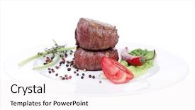  Presentation with noodles - Beautiful presentation theme featuring free autumn leaves - grilled beef fillet medallions backdrop and a white colored foreground