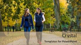  Presentation with city people walking - Audience pleasing PPT layouts consisting of free autumn leaves - people walking in city park backdrop and a  colored foreground
