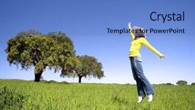  Presentation with beautiful green - Colorful presentation theme enhanced with free blue - happy woman jumping backdrop and a  colored foreground