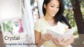  Presentation with reading - Slides consisting of free books - pretty asian woman at home background and a coral colored foreground