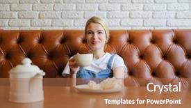  Presentation with tea - Presentation theme enhanced with free brick wall - pretty young woman drinks tea background and a  colored foreground