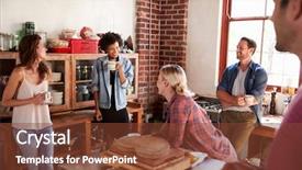  Presentation with kitchen equioment and utilises - Slide deck consisting of free cake - five happy friends talking background and a  colored foreground