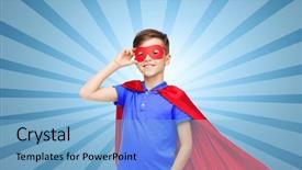  Presentation with hero mask - Colorful presentation design enhanced with free carnival - boy in red super hero backdrop and a light blue colored foreground