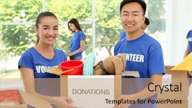  Presentation with teen - PPT theme enhanced with free charity - two happy teen volunteers holding background and a coral colored foreground