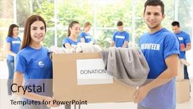  Presentation with teen - Cool new slides with free charity - two happy teen volunteers holding backdrop and a soft green colored foreground