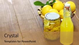  Presentation with liqueur - Theme with cocktail free - homemade limoncello italian traditional lemon background and a coral colored foreground