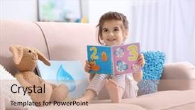  Presentation with children reading - Theme featuring funny little girl reading book background and a coral colored foreground