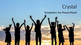  Presentation with happy korean kids - Colorful PPT theme enhanced with backgrounds school free - happy kids silhouettes on sunset backdrop and a light blue colored foreground