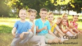  Presentation with happy korean kids - Slides consisting of free preschool - happy kids sitting on grass background and a  colored foreground