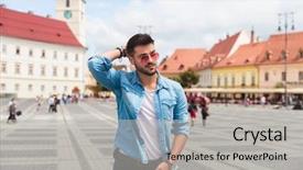  Presentation with pedestrian - PPT theme having free church - relaxed handsome man wearing sunglasses background and a light gray colored foreground