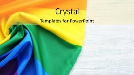  Presentation with gay rainbow flag - Colorful slide set enhanced with free conflict - rainbow gay flag on wooden backdrop and a yellow colored foreground