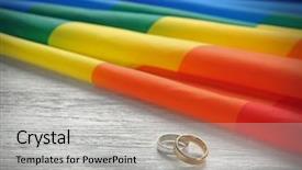  Presentation with gay rainbow flag - Theme having free conflict - two wedding rings and rainbow background and a light gray colored foreground