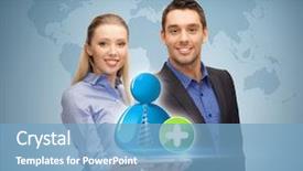  Presentation with hands holding black tablet - Beautiful PPT theme featuring free continents - businessman and businesswoman holding tablet backdrop and a  colored foreground