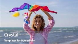  Presentation with colored parachute woman - Colorful presentation design enhanced with free cruise ship - beautiful young woman holding backdrop and a  colored foreground