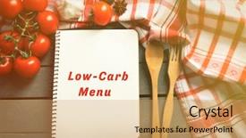  Presentation with recipe book - Amazing PPT layouts having free healthcare templates - text low-carb menu in recipe backdrop and a coral colored foreground
