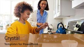  Presentation with teen food - Colorful presentation theme enhanced with free diversity - african american pre-teen girl standing backdrop and a gold colored foreground