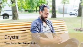  Presentation with man sitting bench - Amazing PPT theme having free eastern europe - lifestyle freelance inspiration and people backdrop and a  colored foreground