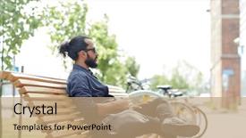  Presentation with man sitting bench - Slides enhanced with free eastern europe - travel tourism lifestyle and people background and a  colored foreground