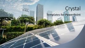  Presentation with free energy - Presentation theme having free electricity - solar panel plant with urban background and a light blue colored foreground