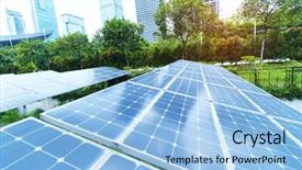  Presentation with solar panel - Beautiful PPT theme featuring free electricity - solar panel plant with urban backdrop and a light blue colored foreground