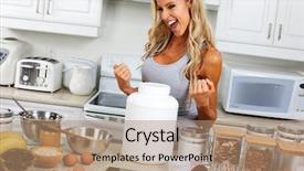  Presentation with protein - Audience pleasing slides consisting of free emotion expressions - happy girl with protein jar backdrop and a coral colored foreground