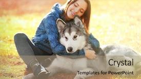  Presentation with dog park - Cool new theme with free emotion expressions - happy young woman sitting backdrop and a coral colored foreground