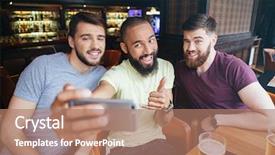  Presentation with selfie - Amazing presentation design having free emotion expressions - three cheerful friends making selfie backdrop and a coral colored foreground