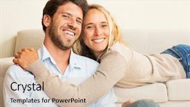  Presentation with young happy couple - Cool new theme with free engagement - happy young couple at home backdrop and a  colored foreground