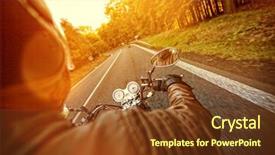  Presentation with forest road - PPT theme consisting of man seat on the motorcycle on the forest road background and a tawny brown colored foreground