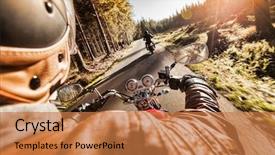  Presentation with forest road - Presentation theme enhanced with man seat on the motorcycle on the forest road during sunrise background and a coral colored foreground