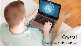  Presentation with magnifying glass - Beautiful PPT theme featuring laptop computer displaying magnifying glass backdrop and a  colored foreground