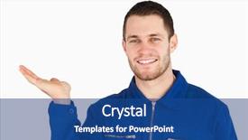  Presentation with mechanic - Slide deck having smiling young mechanic presenting something background and a ocean colored foreground