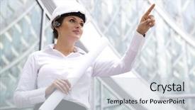  Presentation with finger - Beautiful presentation featuring engineering free - woman in hardhat pointing finger backdrop and a  colored foreground