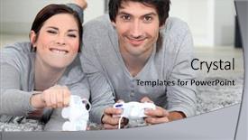  Presentation with computer games - Colorful slide deck enhanced with free ergonomics - couple playing computer games backdrop and a light gray colored foreground